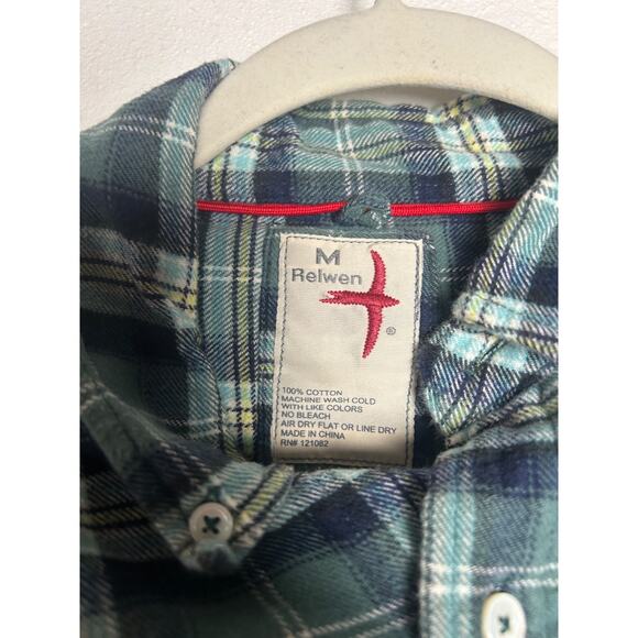 Relwen Flannel Shirt Mens Medium Green Plaid Fall Long Sleeve - Picture 2 of 4
